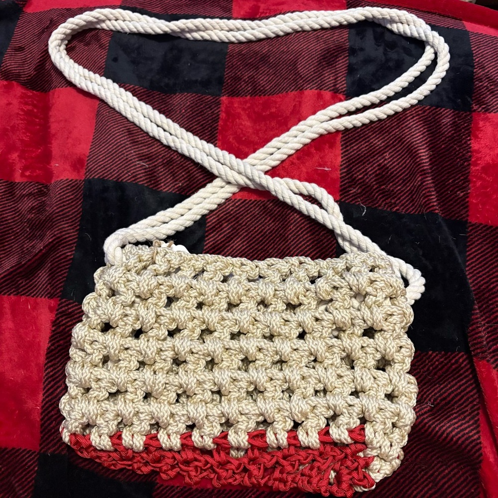 Elegant Beige and Red Crochet Crossbody Bag